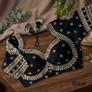 Blouse de mariée indienne prête à porter en soie Vichitra noire de créateur, avec broderie traditionnelle et motif au dos, pour sari - Product Image 3