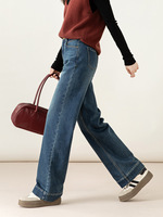 Pantalon long vintage bleu-noir pour l'automne, coupe évasée à jambe large, taille élastique, design tridimensionnel, respirant, logo sur la taille