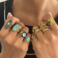 Bague QISEN vintage en pierre naturelle, plaquée or PVD, en acier inoxydable, style rétro, épaisse et audacieuse, avec turquoise, pour femme
