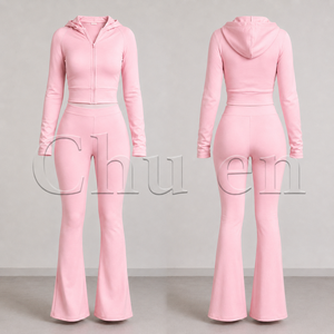 Ensemble 2 pièces Y2K pour femme 2026 : Veste à capuche zippée et pantalon de yoga évasé, style streetwear avec logo en strass - Product Image 3