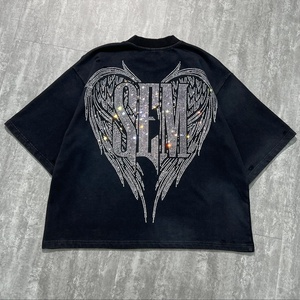 Custom Graphic Mens Cotton T Shirt Designer Acid Wash Distressed Rhinestone Oversized Screen Print Streetwear <b>Tops</b> Wholesale - Product Image 2