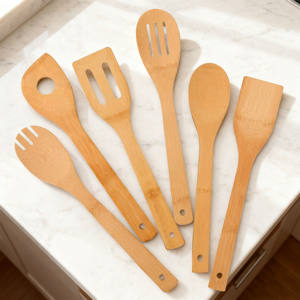 Ustensiles de cuisine <span class=keywords><strong>Gadget</strong></span> de cuisine en bambou naturel Ustensiles de cuisine avec logo personnalisé en gros Outils Cuillère Fourchette Spatule Ensemble - Product Image 1