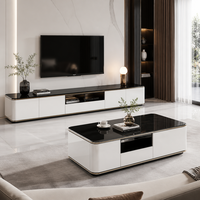 Ensemble meuble TV et table basse en pierre microcristalline de luxe moderne, finition blanc brillant et noir, meuble multimédia pour salon, certifié CE