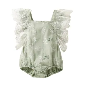 Wholesale Baby girls jumpsuit ruffled sleeveless lace flower cotton dress romper for baby