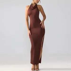 Custom Women Premium Jersey Casual Side Split Halter Neck Sleeveless Evening Dress