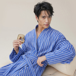 Albornoz de Algodón Puro a Rayas para Hombre, Invierno, Primavera, Otoño, Azul, Blanco, Negro, Amarillo, Cálido, Colección Otoño 2025 - Product Image 1
