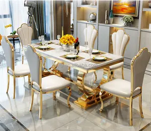 Set Meja Makan Malam, Furnitur Rumah Emas Kontemporer Modern Hitam dengan 6 Kursi