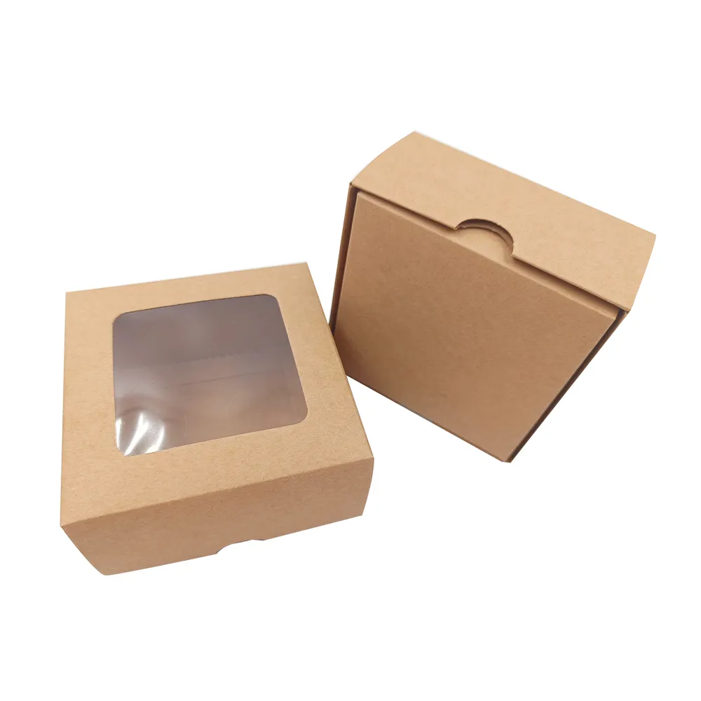 Tutup Bahan Daur Ulang dan Kotak Hadiah Kertas Kraft Dasar Kemasan Kotak Hadiah Kraft Coklat dengan Jendela