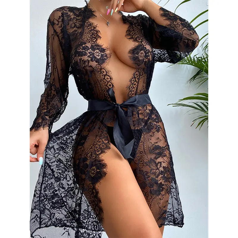 Women Sexy Long sleeve lace sleepwear Lingerie ladies sexy nightwear Black robes underwear