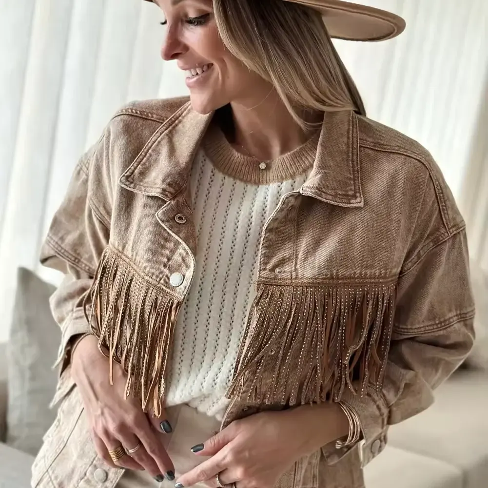 Dear-Lover Western Trending Brown Rhinestone Fringed Cowgirl Fashion Women Denim jacket