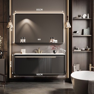 French retro luxury stone slab hot bending integrated basin intelligent mirror wall hanging bathroom cabinet - Product Image 3