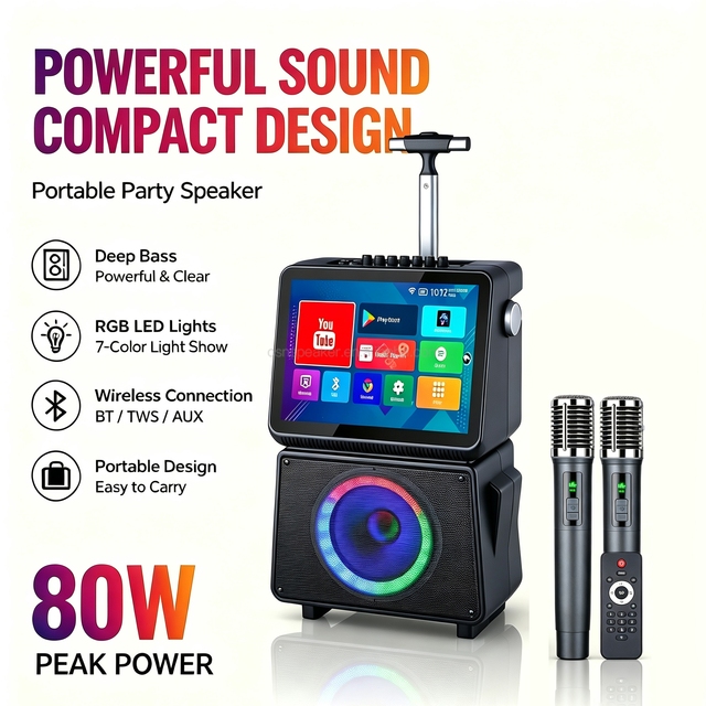 CSN-D18 Trolley Portable 8 Inch Smart Party Speaker Android Touch Screen 80W RGB Light For Outdoor Home Karaoke Entertainment