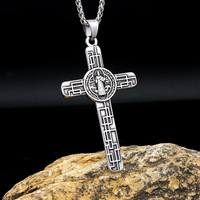 Yunnique Collier pour homme avec pendentif croix chrétienne tibétaine en argent couleur acier, design géométrique, double face, bijou cadeau carré