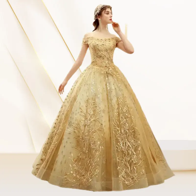 Neue Designs schulterfreies Gold Ballkleid Hochzeitskleider Luxus Schnüre Blume bestickt Bankett Abendparty Kleid Großhandel
