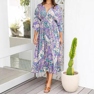 Station indépendante européenne américaine pour <span class=keywords><strong>Amazon</strong></span> <span class=keywords><strong>robe</strong></span> nouvelle manches chauve-souris longue col en V fendu <span class=keywords><strong>plage</strong></span> vacances <span class=keywords><strong>robe</strong></span> florale - Product Image 3