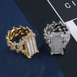 Hip Hop untuk Pria Wanita Perhiasan Cincin Bling Es Keluar Tembaga Emas Cubic Zirconia Cincin Berlapis Perak Baguette Kuba Rantai cincin