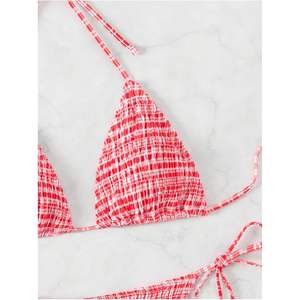 Ensemble de bikini personnalisé pour femme à carreaux gingham, maillot de bain deux pièces à nouer, dos nu, triangle, avec liens latéraux, en élasthanne extensible et polyester - Product Image 3