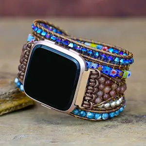 수제 가죽 랩 시계 밴드 천연 석재 Quadrate 컬러 유약 스마트 시계 스트랩 팔찌 Fitbit Versa 2