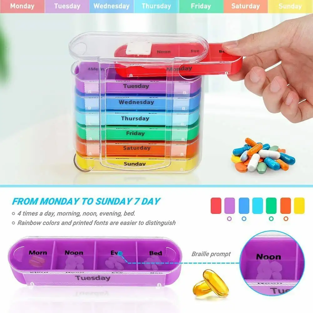 YIWU QIYE boîte à médicaments portefeuille en plastique couleur arc-en-ciel 28 grilles, boîte de rangement de 7 jours avec accès par bouton