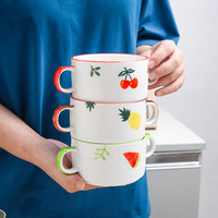 Bol à cuire en céramique créatif motif cerise, petit bol mignon à double anse pour petit-déjeuner, aliments pour bébé, œufs à la vapeur, riz