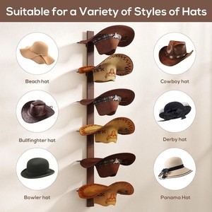 Porte-chapeaux mural en bois, organisateur de rangement à 3 niveaux en bois massif pour chapeaux de cowboy, casquettes de baseball, style rétro - Product Image 5