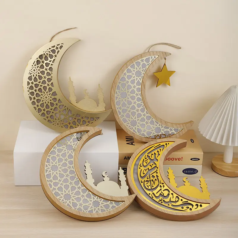 2024 Eid müslüman dekorasyon ev açık dekorasyon LED işıkları ay yıldız Eid Mubarak kolye asma ahşap el sanatları