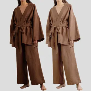 Women Linen Loungewear 2Piece Pants Set Wrap Top Shirt Belt Robes Wide Leg Pants Culottes De Femmes Custom Pajamas Pyjamas Lady