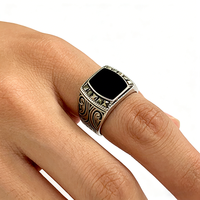 Kaanjewelry Men's Oval Black Onyx Rhodium Plated 925 Sterling Silver Signet Ring Antique Pattern Engraved Gemstone for Gift