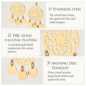 Pendientes de disco calados de acero inoxidable chapados en oro de 14K al vacío, con tres colgantes de 36 mm, joyería - Product Image 3