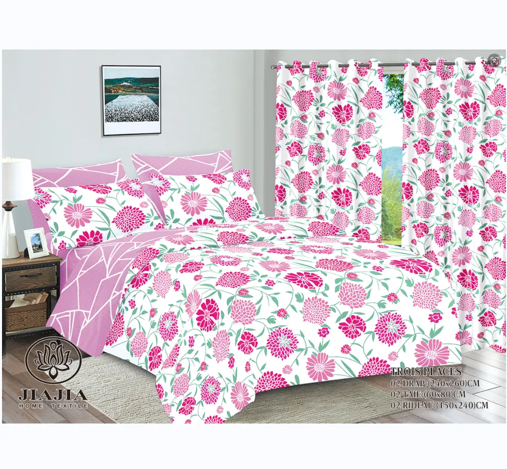 100% Cotton 6 piece set bed sheets draps de lit en gros luxury king size bedding sets with matching curtains rideaux perfores