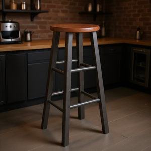Tabouret de bar industriel moderne, plateau en teck, structure en métal gris, robuste et durable, pour bar, cuisine, maison, usage commercial - Product Image 2
