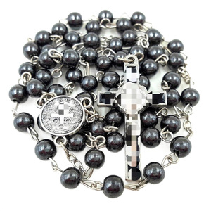 Collier chapelet en pierre naturelle noire pour homme, pendentif croix en alliage de zinc, 6mm 8mm, bijou cadeau, chaîne de pull - Product Image 5