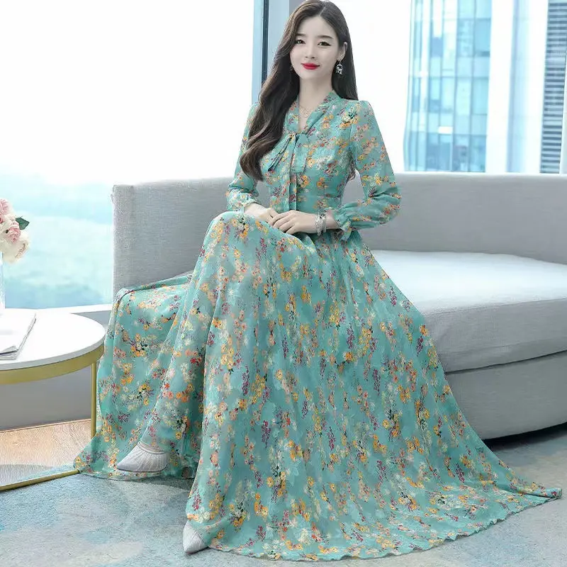 New Arrival Ladies Chiffon Long Sleeve Maxi Dress Women Flower Print Casual Elegant Long Dress