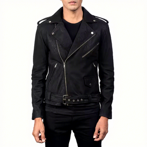 Veste en cuir véritable noir pour homme, style motard, avec fermeture éclair asymétrique, ceinture à la taille, épaulettes, en peau de mouton, personnalisée, vintage, pour l'hiver - Product Image 1