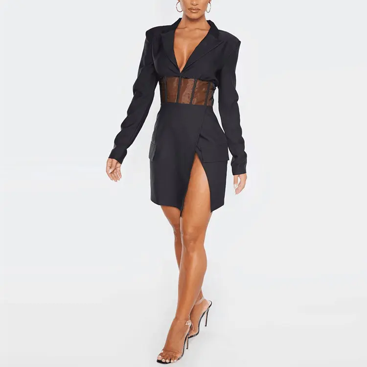 AOXI OEM Custom Manufacturer Office Casual Ladies Dress Mesh Layer Sexy Long Sleeve Women Black Blazer Dress Sexy