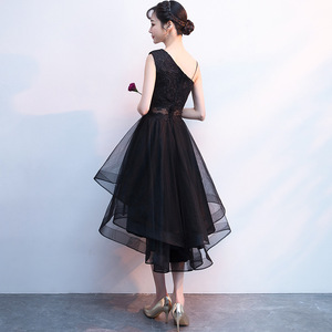 Women's Black Asymmetrical Evening Gown <b>A</b>-<b>Line</b> Short Chic Spring <b>Dress</b> Natural Waist Slimming Elegant Socialite Style - Product Image 4