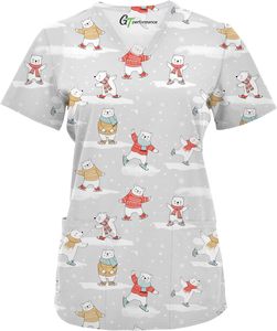 Blusa Médico con Cuello en V para Mujer - Tela <span class=keywords><strong>Dobby</strong></span> de Poliéster con Estampados Navideños, de Acción de Gracias y de Halloween - Product Image 4