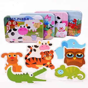 Boîte en métal étain grande pièce enfants jouets en bois éducatif alphabet animaux formes Puzzle jeu