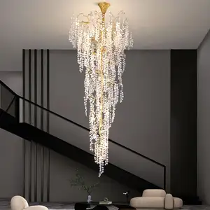 Lustre longo escada giratória luz de cristal oco luxo villa sala estar lobby duplex grande lustre