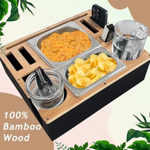 Caddy de consola lacada para artículos diversos, bandeja de consola de sofá de madera de bambú moderna con dos bandejas para aperitivos - Product Image 4