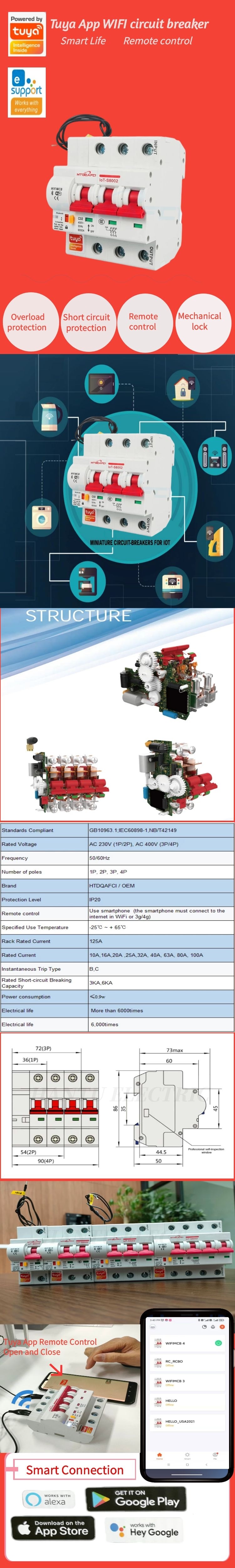 Voice control Tuya Wifi Circuit Breaker MCB 110KV/230KV 16A to 125A Series Micro Wifi Remote control Circuit Breaker