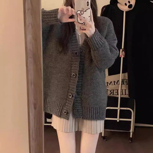 Women's V Neck Knitted Cardigan Khaki Solid Color Vintage Style Autumn Winter Sweater Coat Medium Thickness - Product Image 4