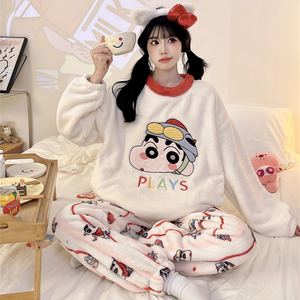 Conjuntos de ropa de dormir 2025 Otoño Invierno <span class=keywords><strong>Pijamas</strong></span> Mujer <span class=keywords><strong>franela</strong></span> gruesa 290g cuello redondo dibujos animados lindo Coral polar <span class=keywords><strong>Pijamas</strong></span> - Product Image 3