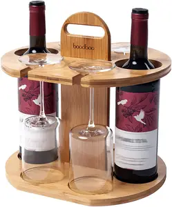 Wein regal aus Holz Bambus Wein Aufbewahrung sset für 2 Flaschen und 4 Gläser Leichter und tragbarer Weinflaschen halter