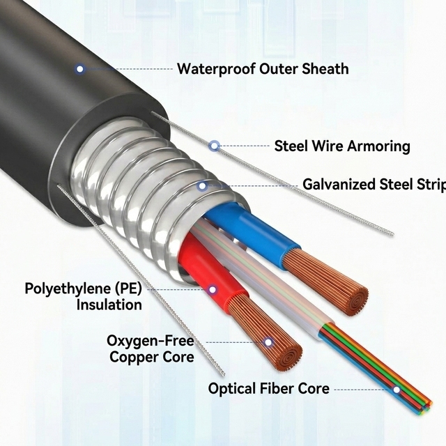 Electric Fiber Optic Cable 6 Core 2 Copper Power Wires OPLC CE RoHS