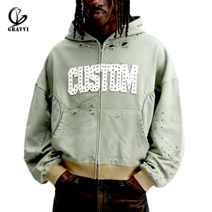 Sudadera con capucha de cremallera completa, personalizada con pedrería, efecto desgastado, oversize, estilo vintage streetwear, con parche bordado, OEM ODM, marca privada - Product Image 1