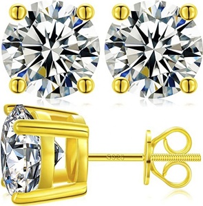 Pendientes de tuerca clásicos de plata 925 chapados en oro con moissanita de corte brillante redondo de cuatro puntas, con cierre de rosca, para hombre y mujer - Product Image 1