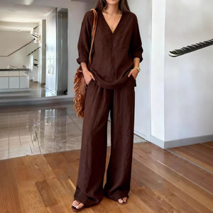 Ensemble décontracté pour femme, col en V, manches longues, pantalon, coton lavé, couleur unie, tailles S-6XL, Europe et Amérique, vente transfrontalière - Product Image 5