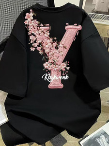 T-shirt Oversize Unisex in Cotone Pesante 300gsm con Stampa Floreale Sakura e Lettera <span class=keywords><strong>Y</strong></span> Grande Personalizzata, Traspirante, per Coppia - Product Image 4