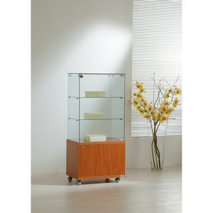 Vitrina moderna de cristal de 60x40x130cm con base de madera de cerezo, puerta con cerradura y ruedas, unidad de exhibición para sala de estar - Product Image 1
